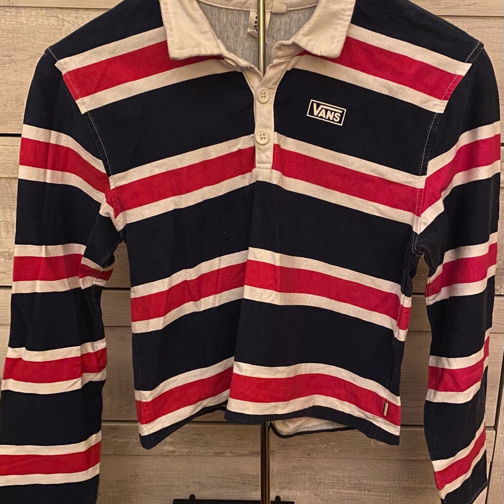 Vans Long Sleeve Polo with Red, White, and Navy Blue Stripes